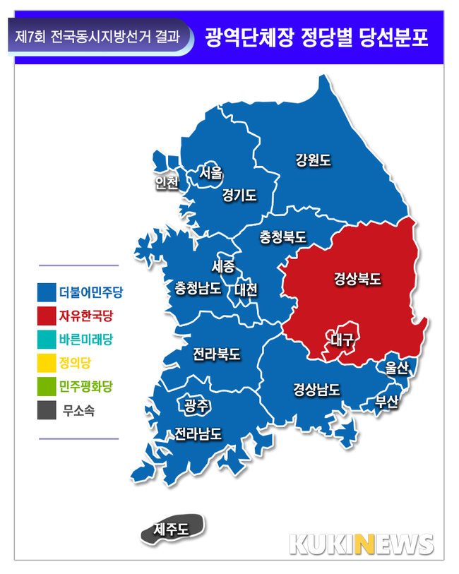 [그래픽] 제7회 지방선거 광역단체장 정당별 당선분포