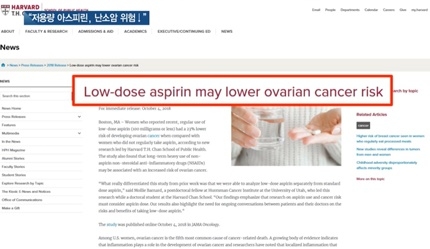 [쿠키건강뉴스] “저용량 아스피린, 난소암 발병 위험 줄여”