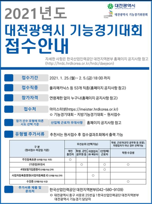 대전시, 기능경기대회 참가자 모집